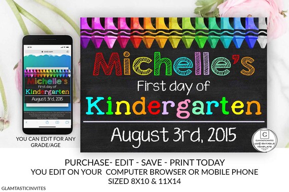 Editable First Day of School Sign, Back to School, Printable Chalkboard Poster, First day of Kindergarten Sign, Template, DIY Printable Sign Il_570xn