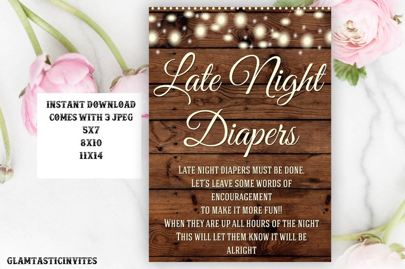 Rustic Late Night Diapers Sign, Baby Shower Sign, Rustic Baby Shower, Baby Shower Decor, Rustic, Mason Jar, Rustic Sign, Digital File image 1