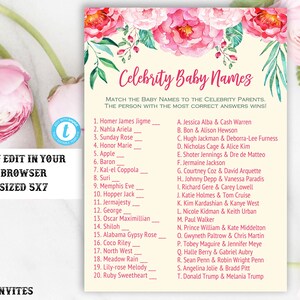 Celebrity Baby Name Template, Floral Celebrity Baby Name Quiz, Baby Shower Game, Baby Shower Activity, Rustic Baby Shower, Instant Download