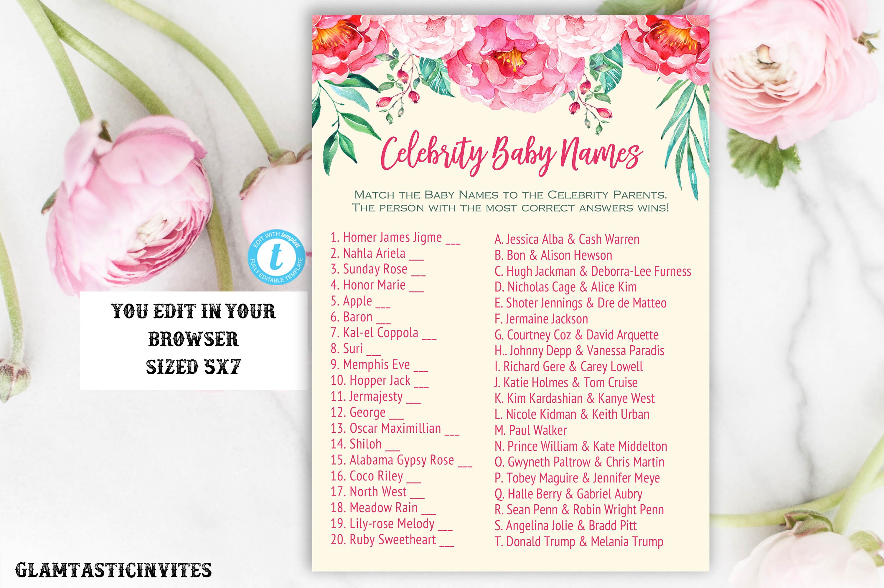 Celebrity Baby Name Template Floral Celebrity Baby Name Quiz Etsy