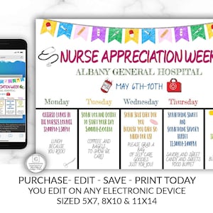 Nurse Appreciation Editable Printable Sign Template, Nurses Week, Medical Worker Appreciation, First responders Appreciation Week Schedule