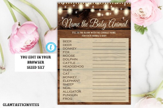 Baby Animal Game Template, Rustic Baby Shower, Rustic Baby Animal Game, Rustic Animal Game, Animal Shower Game, Template, Instant Download Il_570xn