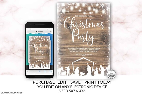 Editable Nativity Rustic Christmas Party Invitation Template Holiday Company Party Winter Online Cheap Textable Electronic Email DIY Snow Il_570xn