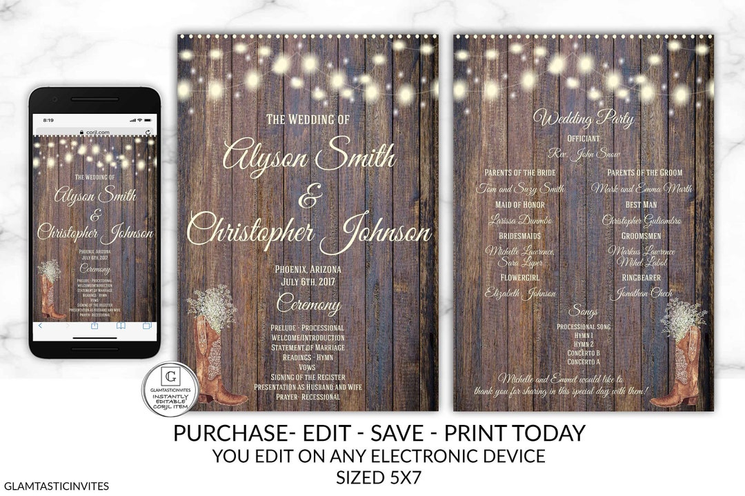 Personalizable Rustic Wedding Program, Country Wedding Program Template ...