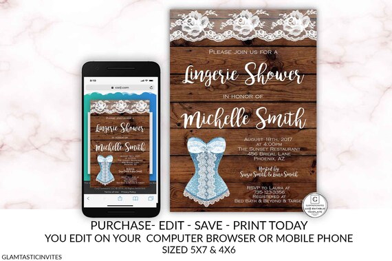 Rustic Lingerie Shower Invitation Corset Blue Lace Invite Template Online Electronic Textable Printable Editable Lingerie Bachelorette Party Il_570xn