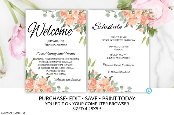 Floral Wedding Welcome Note Template, Welcome Note, Wedding Template, YOU EDIT, Welcome Bag Letter, Hotel Card, Itinerary, Agenda, Printable Il_570xn