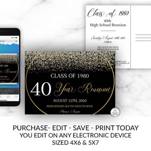 School Reunion Invitation, Class of Invitation Template, Editable Reunion Invite, Printable Personalizable Invitation, Black Gold Silver DIY image 9