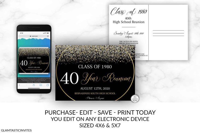 School Reunion Invitation, Class of Invitation Template, Editable Reunion Invite, Printable Personalizable Invitation, Black Gold Silver DIY image 9