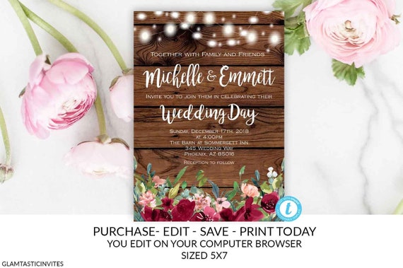 Rustic Floral Wedding Invitation Template Burgundy Merlot Blush