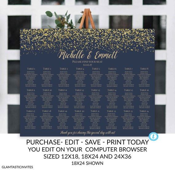 Navy Blue and Gold Wedding Seating Chart Sign Template, DIY Wedding, Seating Chart, Wedding Decor, Editable, Printable, Template, Blue, Gold Il_570xn