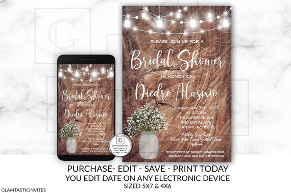 Rustic Mason Jar Babys Breath Bridal Shower Invitation Bridal Brunch Invitation Template Editable Printable Online Electronic DIY Invitation Il_570xn