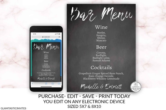 Editable Chalkboard Bar Menu Wedding Sign Template Cheap Diy