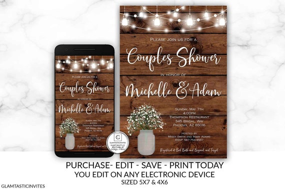 Rustic Couples Shower Invitation Country Couples Shower Invite Editable Printable Electronic Western Online DIY Cheap Wedding Shower Invite Il_570xn