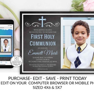 First Communion Invitation Boy, Boy First Communion Invitation Baptism Online Blue Invitation Printable You Edit DIY, Edit, Chalkboard Back image 1