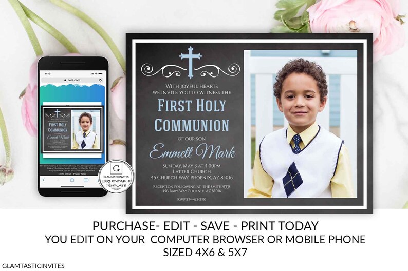 First Communion Invitation Boy, Boy First Communion Invitation Baptism Online Blue Invitation Printable You Edit DIY, Edit, Chalkboard Back image 1