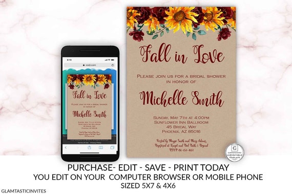Sunflower Fall in Love Kraft Bridal Shower Invitation Template Fall Autumn Editable Printable Invitations Shower Burgundy Merlot Rustic DIY Il_570xn