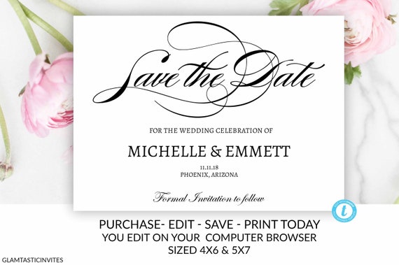 save the date card template elegant calligraphy script editable save the date card template
