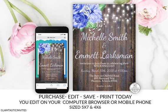Rustic Blue Floral Wedding Invitation Editable Printable Country