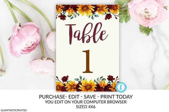 Sunflower Table Numbers, Printable Table Numbers, Editable Table Numbers, Sunflower, Rustic, Country Wedding, Table Numbers Printable, Ivory Il_570xn