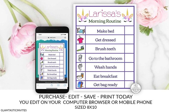 Unicorn Girl Printable Editable Chore Chart Instant Download Daily Activities List, Girl Chore Chart Template Unicorns Chores Chart Schedule Il_570xn