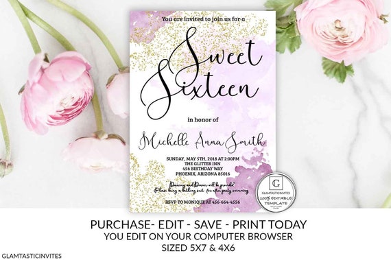 Gold Purple Sweet 16 Birthday Invitation, Sweet 16 Invitation, Birthday Invitation, Sweet 16 Template, Sweet Sixteen Birthday, Editable, DIY Il_570xn