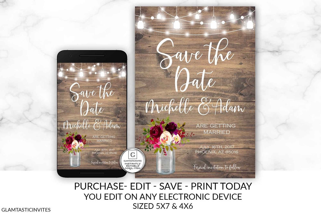 Rustic Save-the-dates, Printable Rustic Save the Date Template, Boho ...
