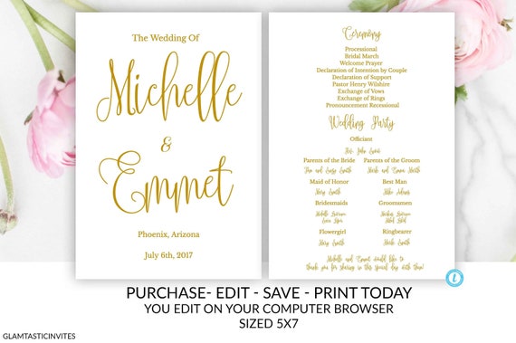 Wedding Fan Program Template Gold Wedding Program Template