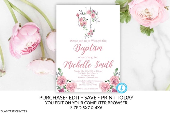 girl baptism invitation floral baptism invitation template etsy baptism invitation template