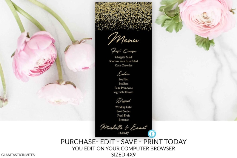 Wedding Menu Card Template, Black and Gold Menu Template, Rack Card, DIY Wedding, Instant Download, Black, Gold, Printable, Editable, Glam image 1