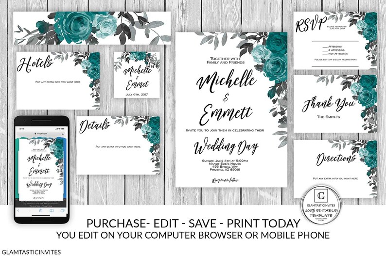 Teal Grey Floral Wedding Invitation Template Printable image 0