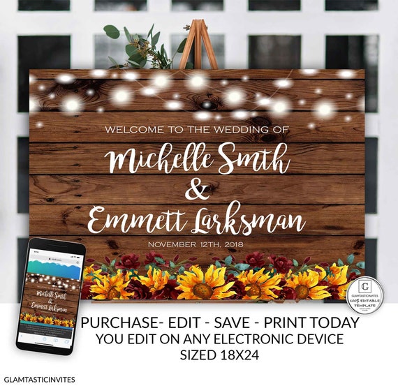 Rustic Sunflower Wedding Welcome Sign Template Fall Burgundy Vintage Country Floral Flower Editable Printable, Wedding Welcome, Sunflower Il_570xn