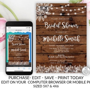 Rustic Lace Country Bridal Shower Invitation, Bridal Shower Invitation, Bridal Shower Template, Lace, Vintage, Shabby Chic, Fairy Lights,DIY