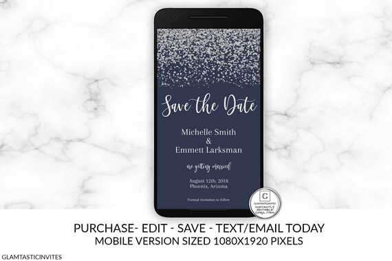 Mobile Navy Blue Silver Glitter Save the Date Card Save the Date Template Editable Printable Elegant Electronic DIY Save Date Save our Date Il_570xn
