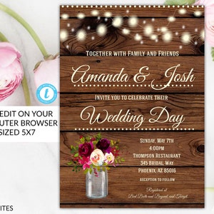 Rustic Wedding Invitation Template Country Vintage Western Invitations Boho Mason Jar Wood Editable Printable Instant Download Online Invite