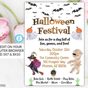 Halloween Festival Flyer Template Invitation Editable Printable Ghost Bats Corn Maze Musical Event Fall Witches Church Festival Bake Sale