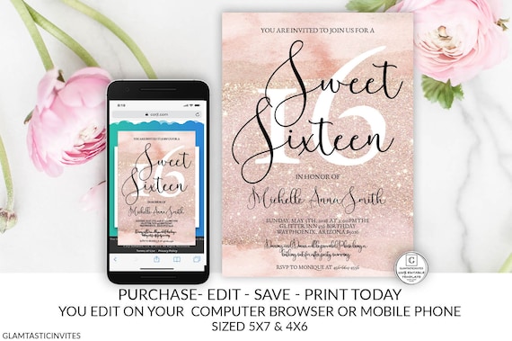 Rose Gold Glitter Sweet Sixteen Birthday Party Invitation Template, Editable, Sweet 16, Instant download, Rose Gold, Sweet Sixteen, DIY Il_570xn