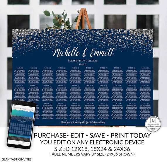 Silver Navy Blue Diamond Wedding Seating Ceremony Seating Elegant Editable Printable Modern Stylish DIY Template, DIY, Seating Table,Wedding Il_570xn