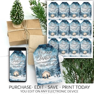 Nativity Christmas Gift Tags, Printable Christmas Tags, Editable Christmas Template, Instant Download, Snowflake, Personalized, DIY Gift Tag