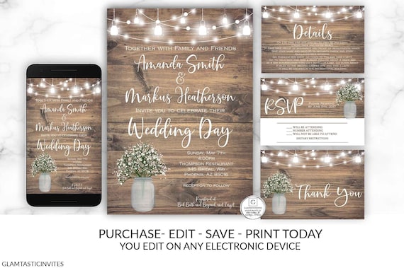 Printable Rustic Wedding Invitation, Country Wedding Invitation, Mason Jar, Instant Download, Wedding SET Suite, DIY Wedding Invite Template Il_570xn