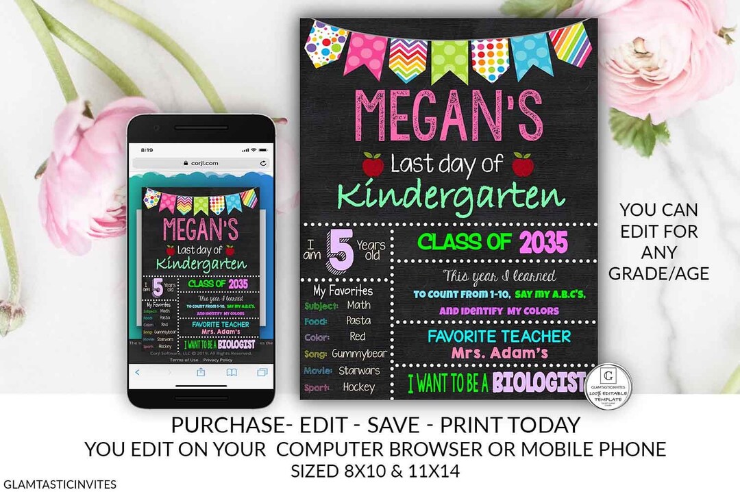 Girl Last Day of Kindergarten Sign Last Day School Chalkboard Poster ...