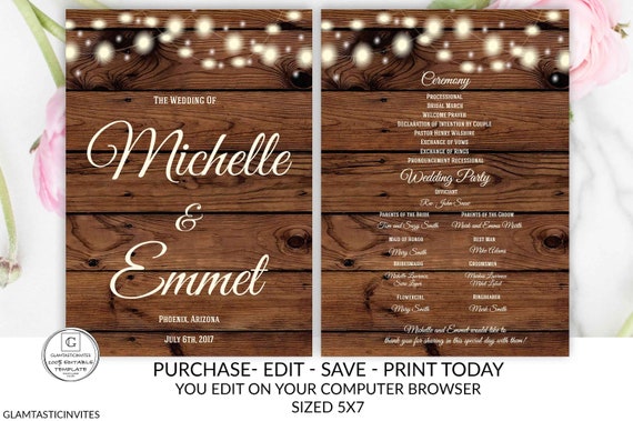 Rustic Wedding Program Template Ceremony Program Template