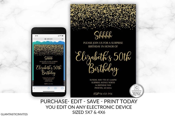 Printable 50th Birthday Invitation, Shhh it's a Surprise Birthday Party Invitation, Black Gold Birthday Template, Editable, Woman Birthday Il_570xn