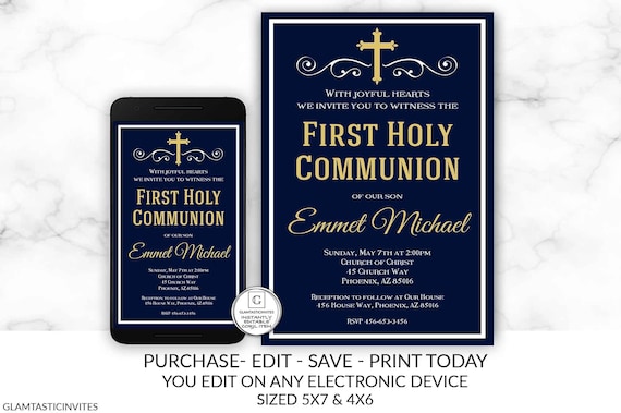 Navy Blue Gold Rustic First Communion Invitation Boy Boy First Communion Invitation First Communion Invitation Printable You Edit, DIY Edit Il_570xn