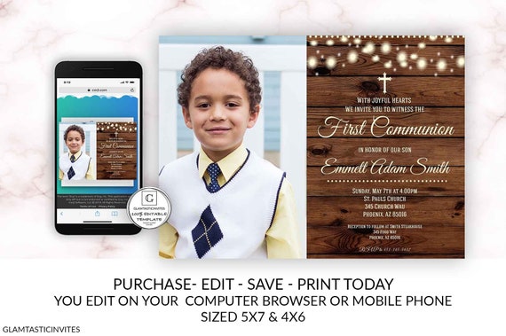 Rustic Boy First Communion Invitation Template, First Communion Invitation, 1st Communion Invitation, Editable, Printable, Instant Download Il_570xn