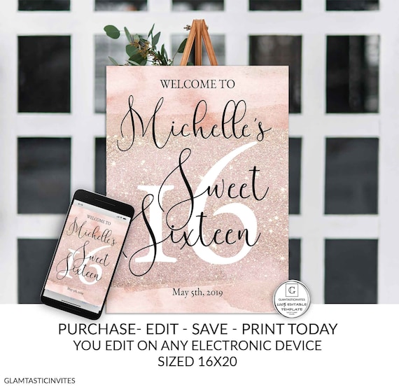 Sweet Sixteen Welcome Sign Rose Gold 16th Birthday Welcome Sign Template Editable Printable Welcome Sign DIY Sweet Sixteen Surprise Birthday Il_570xn