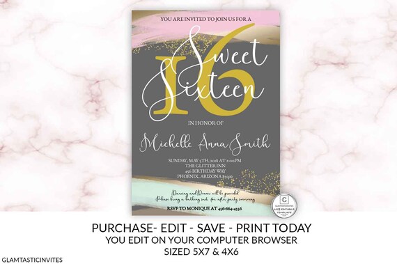 Pink Gold Mint Sweet Sixteen Birthday Invitation Editable Printable Glitter Gray Sweet 16 Birthday Invitation Template Online Electronic DIY Il_570xn