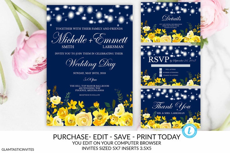 Wedding Invitation Suite Template Blue Yellow Rose Floral Etsy