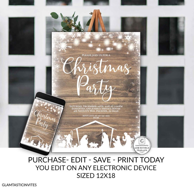 Editable Nativity Rustic Christmas Party Poster Sign Template Holiday Company Party Winter Online Cheap Textable Electronic Email DIY Snow image 9