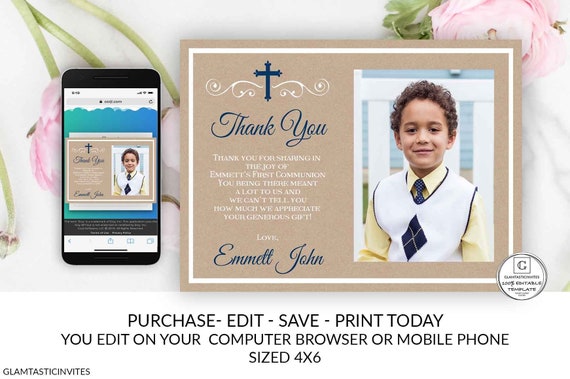 Boy Kraft First Communion Thank You Card 1st Communion Thank You Template Blue Editable Printable Photo Baptism DIY Online Electronic Invite Il_570xn