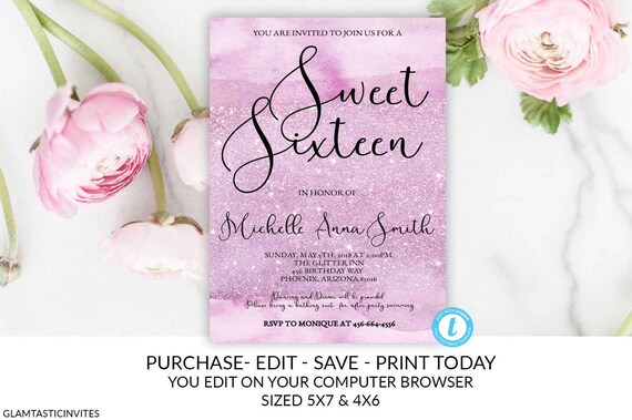 Sweet 16 Invitation, Sweet 16 Birthday Invitation, Sweet Sixteen Invitation, Sweet 16, Sweet Sixteen, Template, You Edit, Printable, DIY Il_570xn